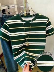 Camiseta casual de mujer de cuello redondo y manga corta con estampado de letras y rayas - Multicolor 6 - Ver 1