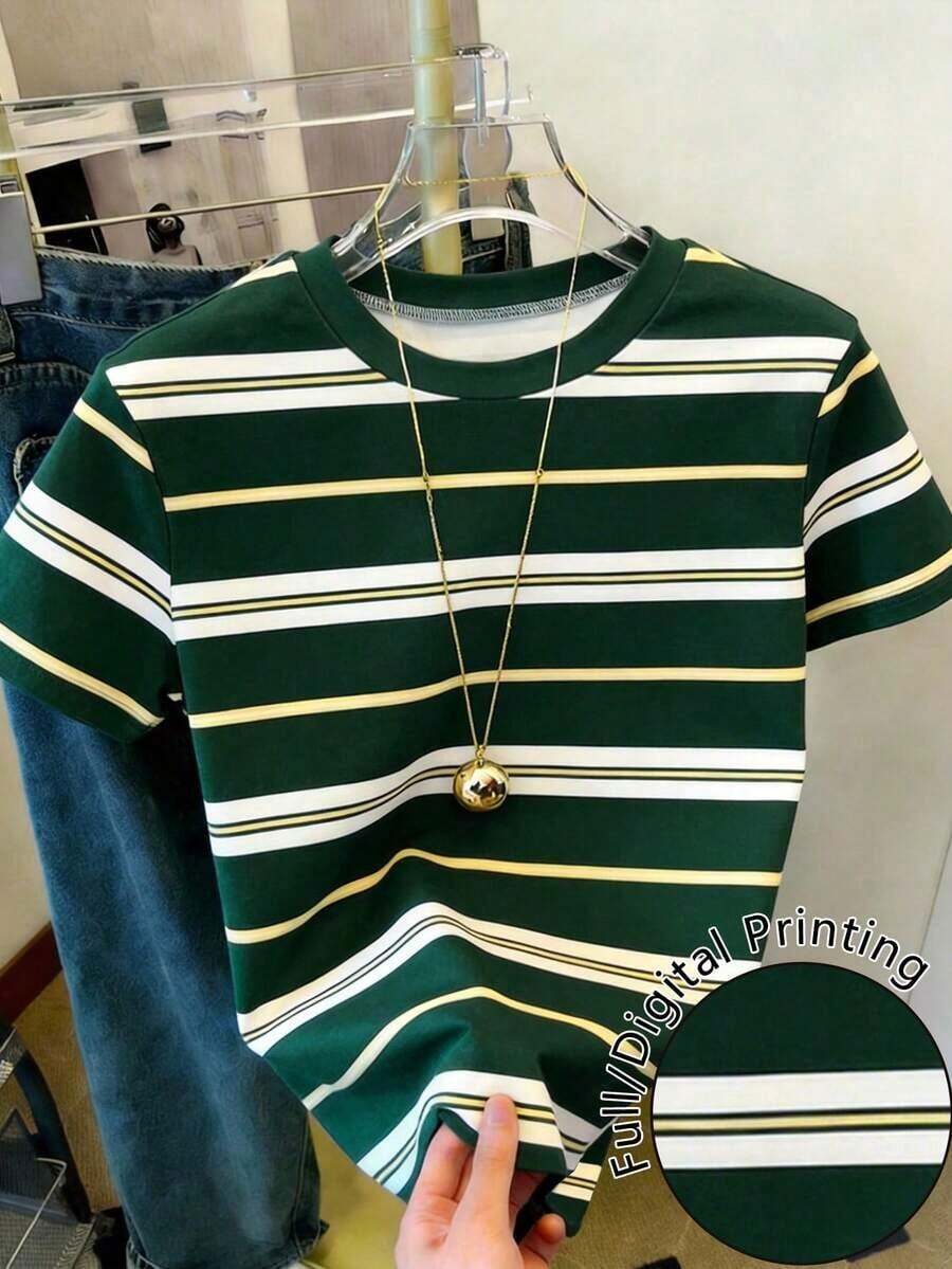 Camiseta casual de mujer de cuello redondo y manga corta con estampado de letras y rayas - Multicolor 6 - Ver 1