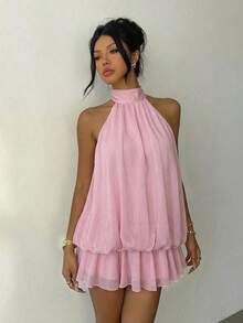 Vestido mini elegante de mujer con cuello halter y lazo en color amarillo claro - Rosa Pálido - Ver 4