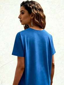 Women's Summer Tops, Women's Cotton Graphic Print T-Shirt, Zumba Style, Short Sleeve, Round Neck, Casual, Loose Fit, Sizes S-5XL, Multicolor Letter Print, Soft And Comfortable Cotton Material, Fashionable Sportswear For Daily Wear, Loose And Comfortable Summer Clothes, 100% Cotton. Suitable For Spring, Summer And Autumn - 藍色 - 查看 2