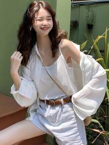 女士轻薄宽松休闲长袖衬衫，夏季防晒 - 白色 - 查看 5