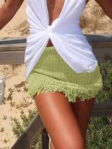 Blazique Women's Live To Mo Party Night Life Fitted Fringed Mini Skirt, Club Low-Waist Knit Skirt, Fashionable Item For Resort, Pool Party Casual - Green - View 9
