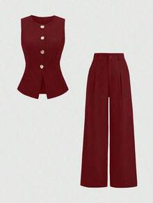 Sweetro Conjunto a juego de chaleco negro de una hilera y pantalones de pierna ancha con fruncidos - Color caoba - Ver 1