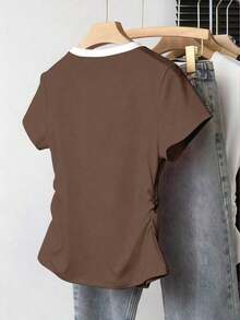 Camiseta ajustada de mujer con estampado de letras, silueta estilizante, estilo casual/al aire libre, nueva llegada de verano, color rojo - Marrón - Ver 2