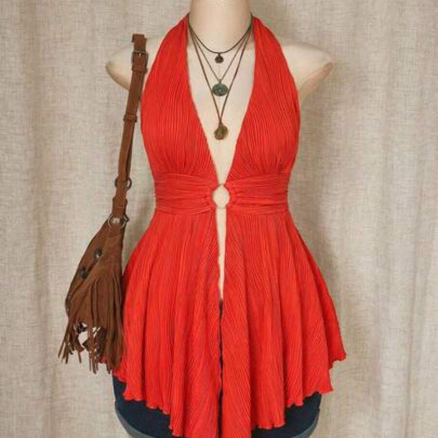 ICON Plus Size Y2K Style Hollow Out Asymmetrical Hem Babydoll Halter Neck Knit Camisole, Summer Tops - Naranja - Ver 1