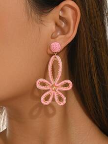 1 Pair Summer Vacation Style Handmade Woven Rattan Hollow Flower Drop Earrings, Minimalist Fresh Sweet Exaggerated Hollow Flower Earrings Suitable For Women's Daily, Vacation, Party Wear (Handmade Weaving Method Random) - Pink - View 2