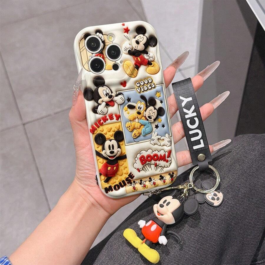 Disney Mickey Mouse Clubhouse Phone Case : 3D Fluffy Pattern Border Protector Phone Soft Phone Case With A Free Cute Mickey Bracelet Chain Lanyard, Mickey, Minnie, Goofy, Donald Duck, Daisy Duck, Pluto, For Apple 17 Promax 17 Pro 16 15 14 13 12 11 Pro Max XS Max X XR Soft Cover Summer Phone Case - White - View 1