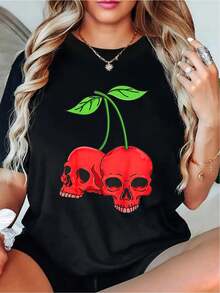 Camiseta holgada de talla grande para mujer y unisex con estampado de calaveras y cerezas - Top de manga corta con cuello redondo, suave y agradable para la piel, diseño gótico de cerezas - Ropa casual para primavera y verano, corte holgado y cómodo adecuado para uso diario, ropa de verano para mujer, blusas elegantes para mujer. - Negro - Ver 7