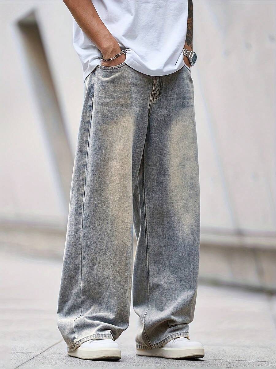 Men's Fashionable Personalized Washed Plus Size Jeans - Champagne - View 1