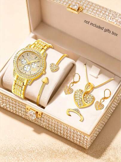 Set de 6 piezas de joyería de reloj con tono dorado y rhinestones para mujeres, reloj de cuarzo con esfera pavé, pulsera con corazón de rhinestones, collar, aretes y anillo, regalo de lujo elegante y brillante de acero inoxidable para novia, graduación, aniversario