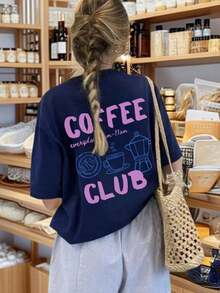 Camiseta blanca de manga corta de estilo casual con cuello redondo y estampado de texto en inglés y café, una prenda versátil y a la moda para el verano. - Albaricoque - Ver 9