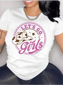 Camiseta Deportiva de Manga Corta con Cuello Redondo y Estampado de Letras de Sombrero de Vaquero del Oeste 2k, Ropa Deportiva Básica para Mujer - Blanco - Ver 8