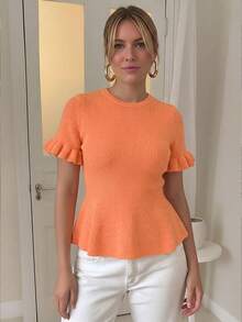 Blusa de punto con volantes en el bajo, de manga corta y color naranja, elegante y casual, adecuada para el uso diario y el transporte, ropa casual de verano para mujer - Naranja Coral - Ver 3