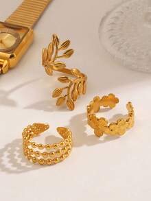 Juego de anillos abiertos de acero inoxidable dorado de alta gama, con diseño en forma de hoja y flor, estilo elegante y exclusivo, adecuado para uso diario, festivales, fiestas, anillos versátiles y apilables - Dorado - Ver 3
