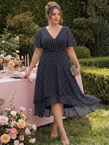 EVERPRETTY Plus Size Elegant Chiffon V-Neck Ruched Polka Dot Bridesmaid Dress, Soft High-Low Ruffle Hem Polka Dot Wedding Guest Evening Gown - Black and White - View 2