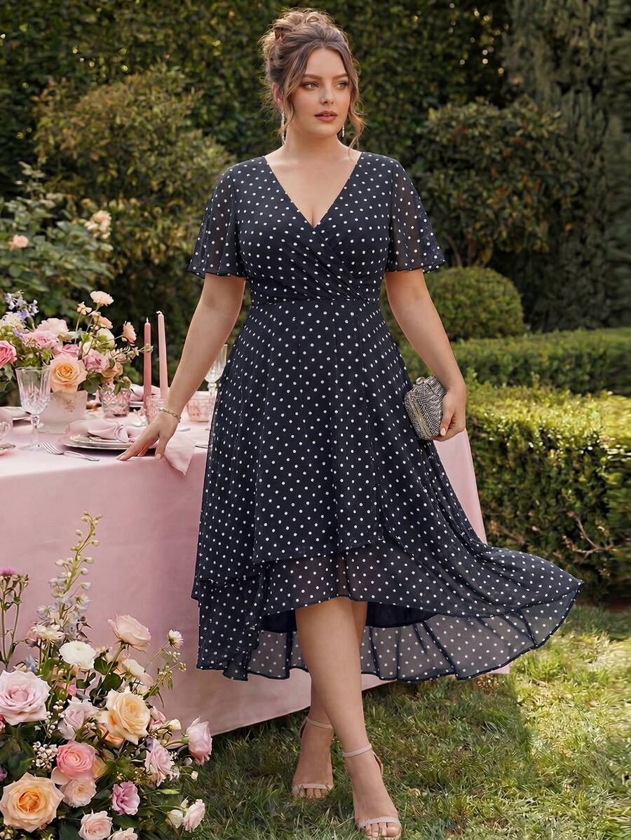 EVERPRETTY Plus Size Elegant Chiffon V-Neck Ruched Polka Dot Bridesmaid Dress, Soft High-Low Ruffle Hem Polka Dot Wedding Guest Evening Gown