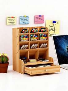 Wooden Office Desk Organizer Box, Large Capacity DIY Pen Holder Storage Box Desktop Stationery Rack, Suitable For Office, Home And School Supplies Pen Organizer - Multicolor - View 8