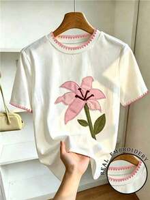 Camiseta de manga corta casual de mujer con bordado de limón, para verano - Blanco 4 - Ver 1
