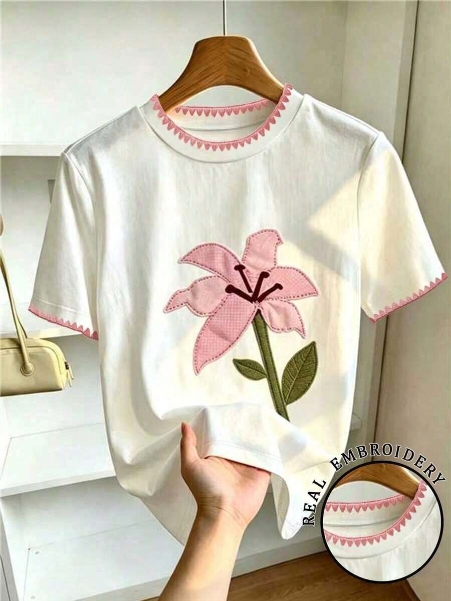 Camiseta de manga corta casual de mujer con bordado de limón, para verano - Blanco 4 - Ver 1