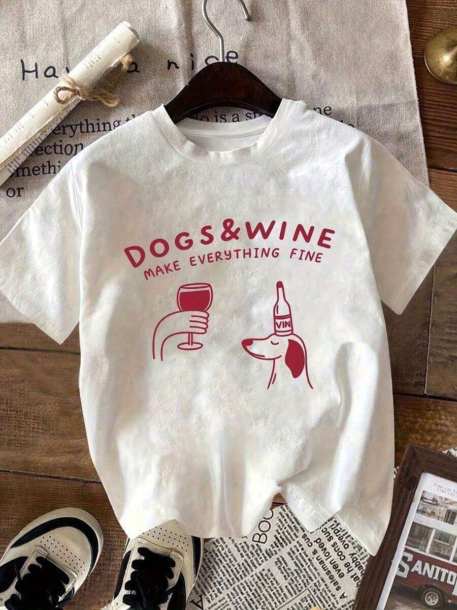 Women's Short-Sleeved T-Shirt, New Collection 2026, Round Neck Design, Unique Personality, Cartoon Puppy And Red Wine Pattern, Letter Print, Versatile For Everyday Wear, Casual And Comfortable, Summer. - White - View 1