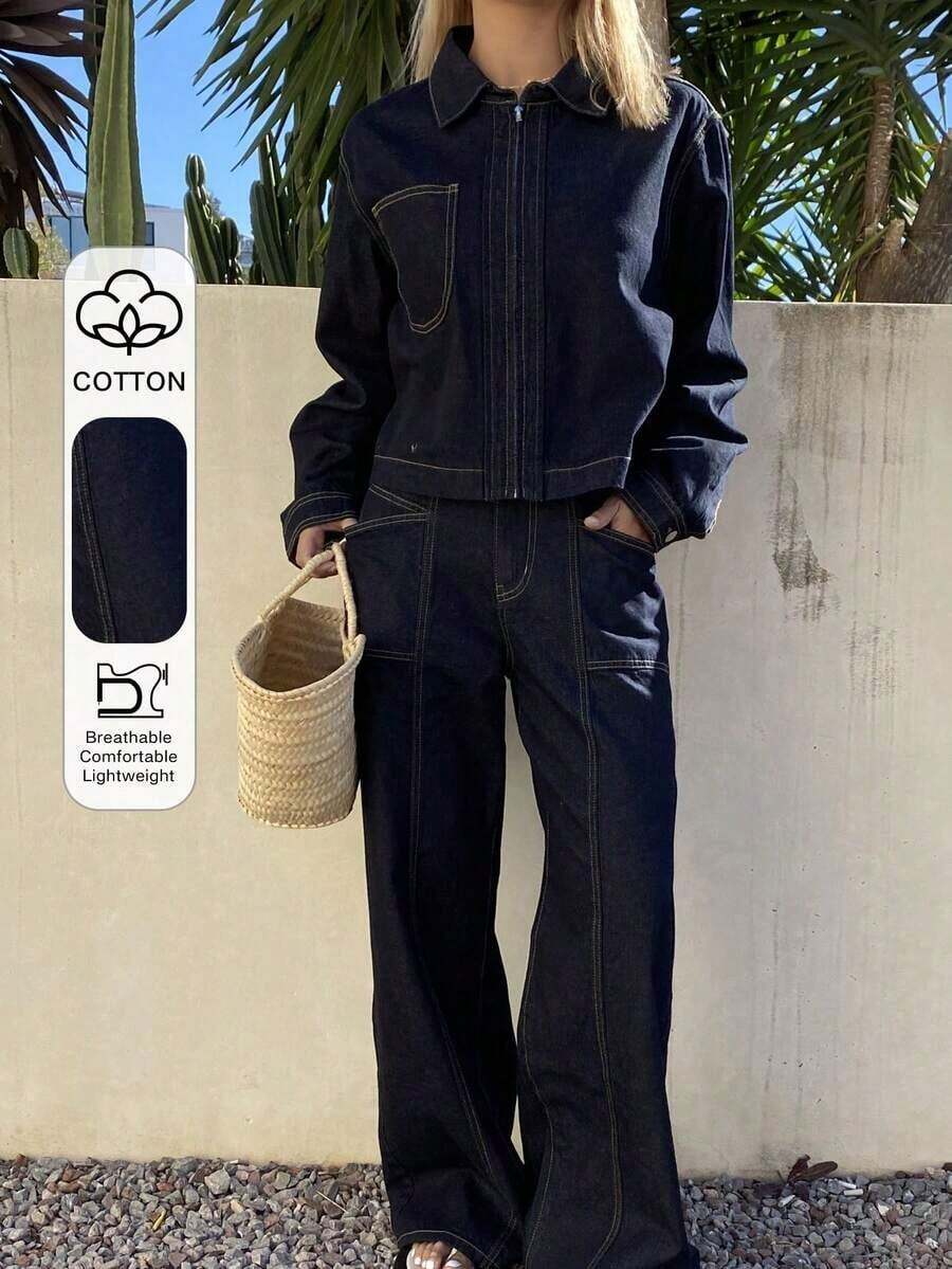 Conjunto de top corto holgado de cuello polo de algodón y pantalones vaqueros casuales para mujer - Azul 3 - Ver 1