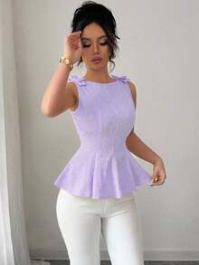Nueva blusa de dama de talla pequeña con estampado floral tejido, tirantes tipo espagueti, moño en los hombros, volantes en el bajo, versátil, elegante y sofisticada - Morado - Ver 4