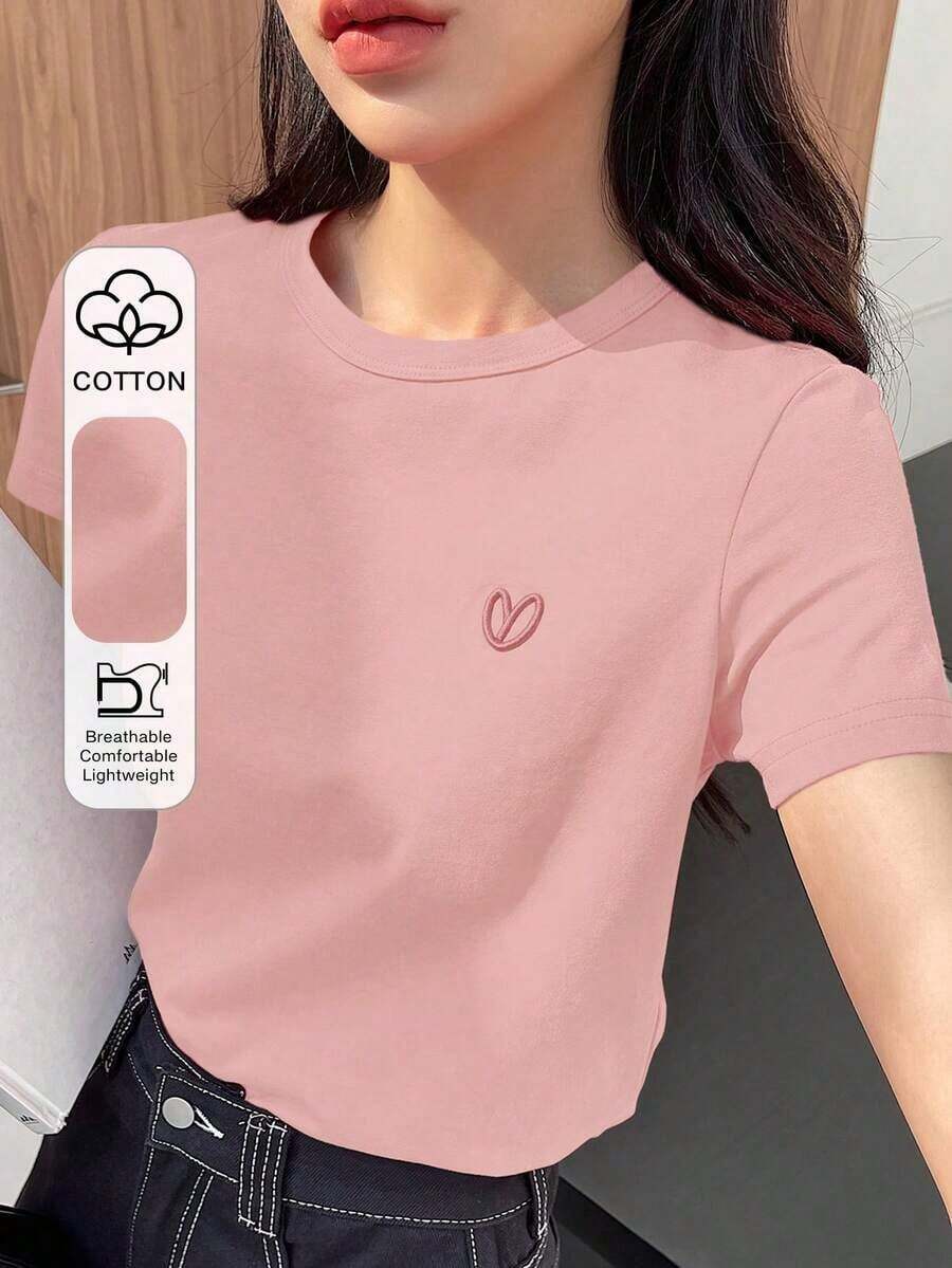 Y2K Style, Modern Style, The Newest Of 2026, Cute Style, Casual Style. Women's Loose-Fitting Casual Summer T-Shirt With Embroidered Heart And Letter Pattern, Red, 180g (S-XXXL) - 羅莎 - 查看 1
