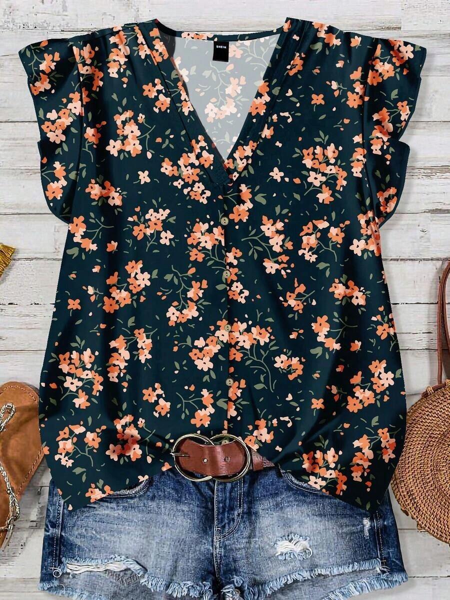 Camisa casual de vacaciones para mujer, diseño minimalista adecuado para el verano, blusa con estampado floral diminuto, camisa de verano para mujer, conjunto de vacaciones para mujer - Multicolor 4 - Ver 1