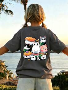 1pc Tween Girls' Sushi Print Short Sleeve T-Shirt, Student Youth Clothing, Summer Top For Kids - Dark Grey - View 1