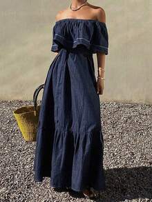 Vestido largo y súper holgado de mujer, vestido de mezclilla lavada de estilo vacacional - Azul lavado oscuro - Ver 7