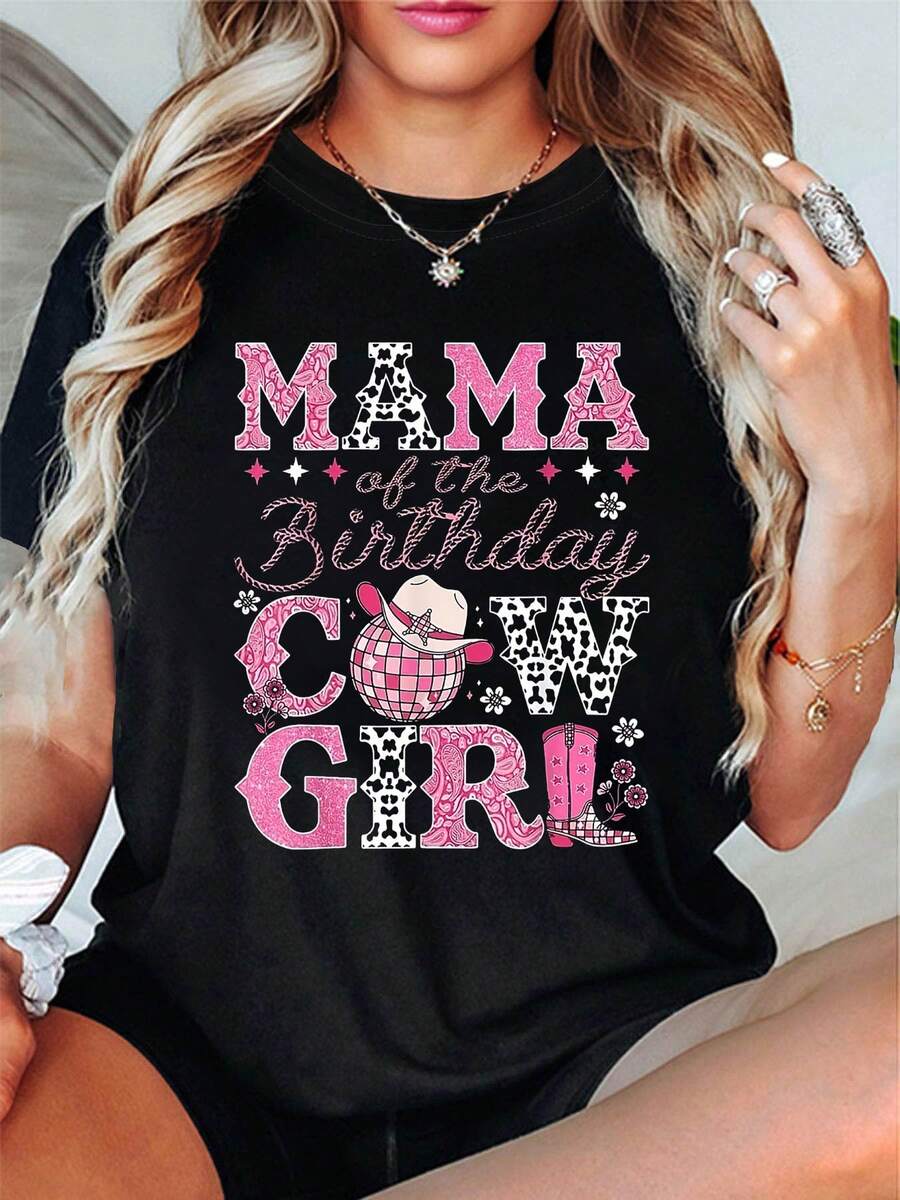 1 Piece Women's Round Neck T-Shirt For Spring Summer, 180g 100% Cotton, With Letter Print, Unique Decorative Elements, Western Cowgirl Birthday Theme, With "Mama Of The Birthday Cowgirl" Print And Cowboy Hat And Boots. - 黑色 - 查看 1