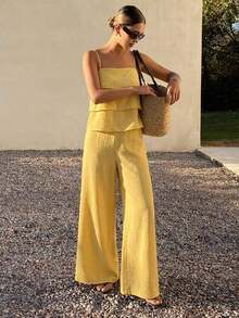 Conjunto de 2 piezas de top de tirantes con volantes y pantalones sueltos casuales de verano para mujer - Amarillo - Ver 4