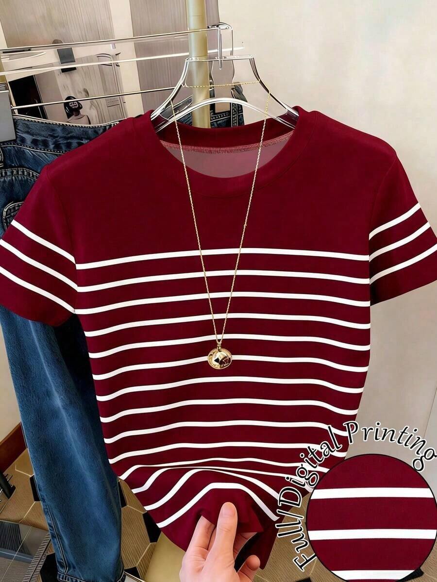 Camiseta de mujer de manga corta con cuello redondo, casual y versátil, a rayas - Multicolor 2 - Ver 1