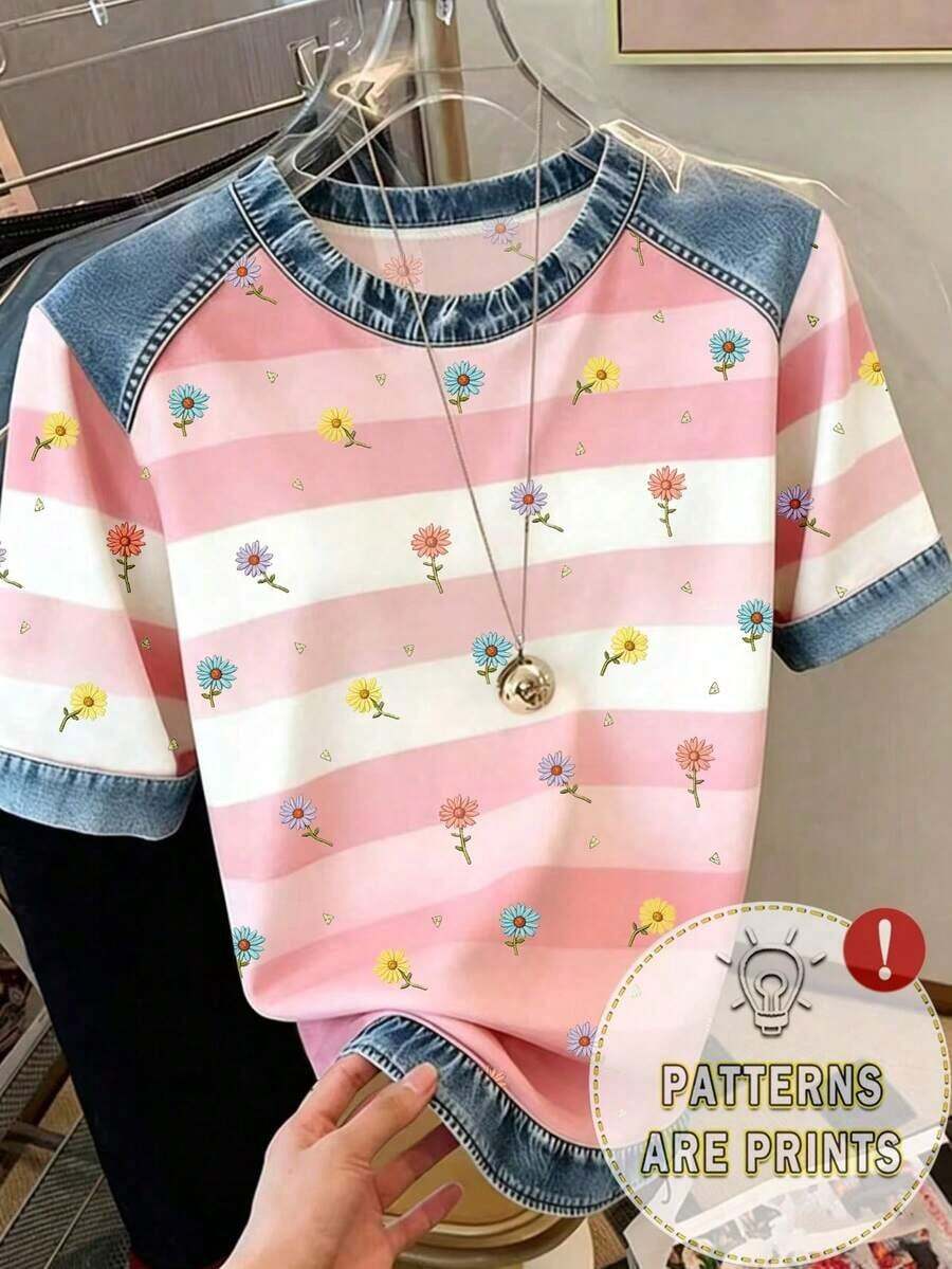 Camiseta casual y de moda para mujer con efecto de parche de mezclilla, estampado a rayas y de cerezas digitales, cuello redondo - Rosa - Ver 1