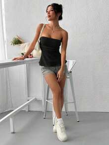 Parte superior tipo tubo de punto marrón para mujer, de verano - Negro - Ver 5