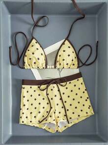 Conjunto de bikini de 2 piezas para mujer - Estampado de estrella con ribete sólido, parte superior tipo triángulo con escote halter (adornada con acentos de cuentas), Bottom tipo short de tiro alto, elegante ropa de playa de verano, traje de baño de tira - Amarillo - Ver 6