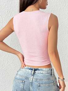 Blusa sin mangas casual con textura de un solo color y botones delanteros - Rosa - Ver 2
