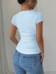 Raffinéa Camiseta ajustado de moda con mangas raglan, cuello en U, cintura fruncida, elástica, blanca, para primavera/verano, para mujeres - Celeste - Ver 2