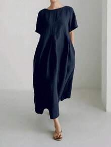 Vestido de lino suelto, casual, elegante y cómodo para mujer.Vestido largo suelto de manga corta, con bolsillo, cuello redondo y unicolor.Ajuste relajado para el verano - Azul marino - Ver 5