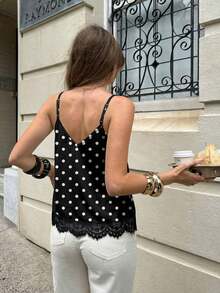 Camiseta de tirantes de mujer de verano casual con estampado de lunares y parches de encaje - Multicolor 2 - Ver 2