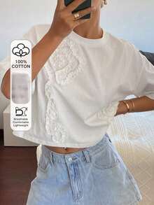 Blusa casual de verano para mujer con cuello redondo, manga corta suelta y 3D plisada con flor - Blanco 3 - Ver 9