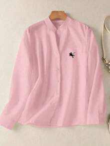 Camisa de mujer de unicolor con cuello en V y botones - Blusa casual y elegante de manga larga con detalle de bolsillo, adecuada para vacaciones, viajes y uso diario, artículo esencial para primavera, verano, otoño e invierno - Estampado de caballero rosa - Ver 10