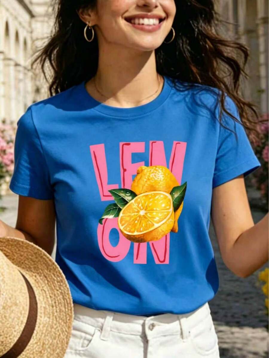 Women's Blue Short Sleeve Crew Neck T-Shirt - Summery And Fresh "LEMON" Print - Versatile Holiday Garment - Pure Cotton Basic T-Shirt - Watercolor Lemon Print - Casual And Fashionable Travel Wear - 藍色 - 查看 1