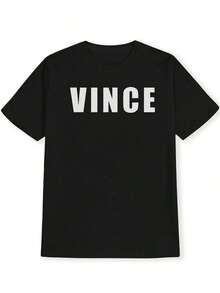 Women's Casual Short Sleeve T-Shirt With VINCE Letter Print - Black Crew Neck, Loose Fit, Machine Washable For All Seasons, Casual Wear T-Shirt, Ladies' T-Shirts, Soft Texture T-Shirt - 黑色 - 查看 3