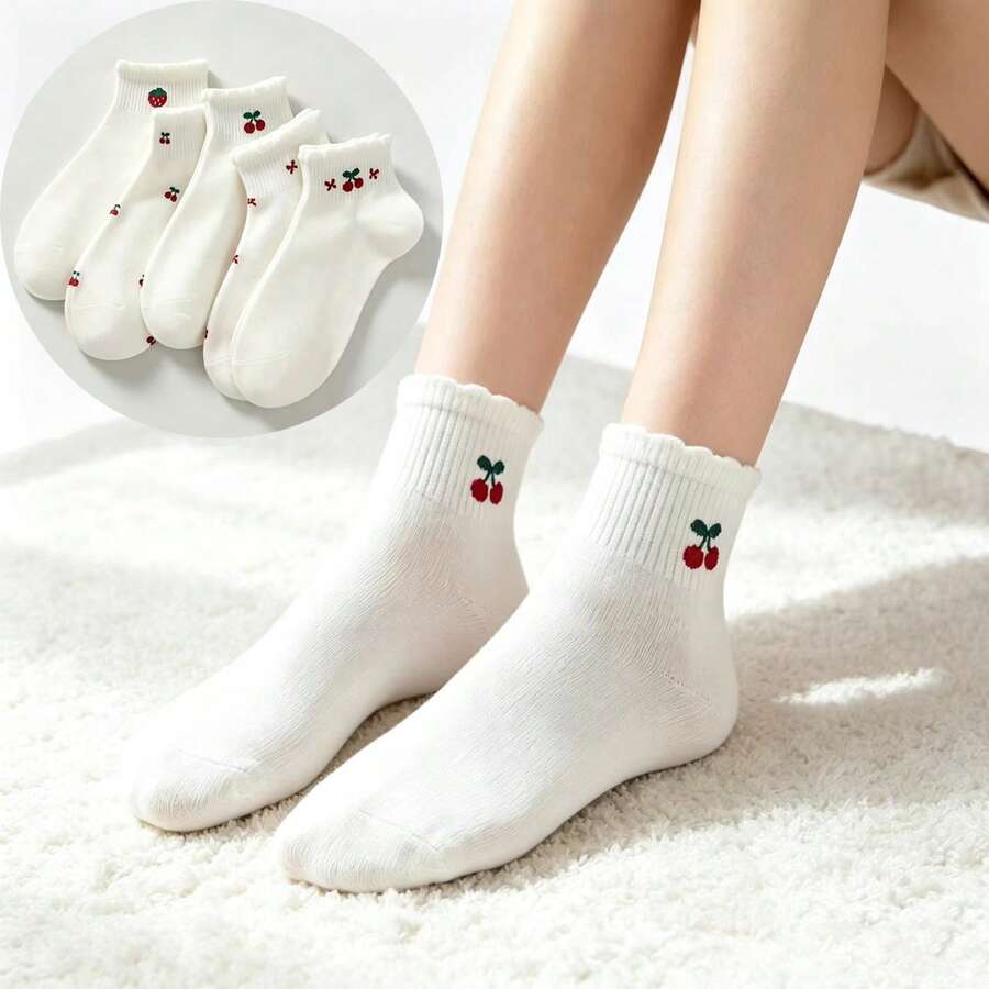 5/10 Pairs Women's Fresh Fruit Cherry Plum Pattern Ruffle Design Short Socks, Casual Sweet Style Daily Wear - White - View 1