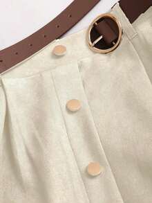Sweetro Falda de ante marrón con diseño de solapa única, otoño/invierno - Verde militar - Ver 10