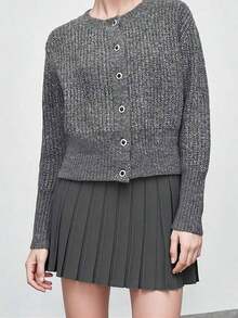 Falda corta plisada de punto de unicolor casual para mujer, adecuada para vacaciones, citas nocturnas, otoño/invierno y primavera - Gris - Ver 8