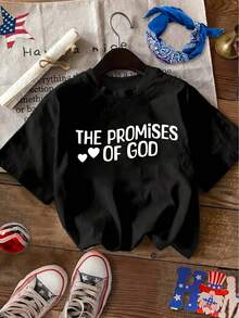 Women's Double-Sided Print T-Shirt - "God's Promises" Graphic Design With Heart And Cross, Casual Crew Neck, Short Sleeve, Comfortable Fit For All Seasons, Machine Washable, Christian Clothing, Comfortable Garment For Everyday Wear, Relaxed Fit Top, Durable Fabric T-Shirt, Y2k T-Shirt - 黑色 - 查看 2