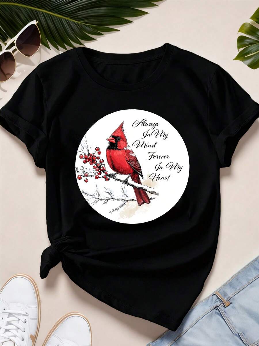 Camiseta de manga corta con cuello de tripulación de mujer, "Siempre en mi mente para siempre en mi corazón" Cardinal Bird & Berries Impresión gráfica, ropa casual diaria, envío local