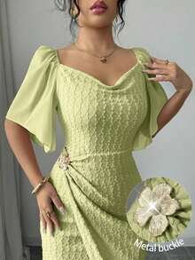 Vestido elegante ajustado con cuello de volantes, mangas de pétalos y hebilla metálica de bloque de color para mujer, primavera/verano - Verde pastel - Ver 3